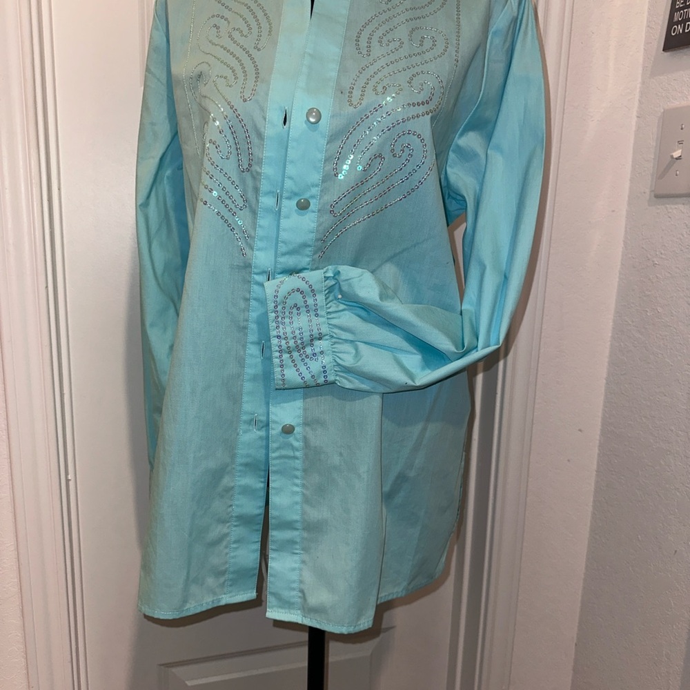 Turquoise Women Western wearable Sequin art Button shirt Sz Small